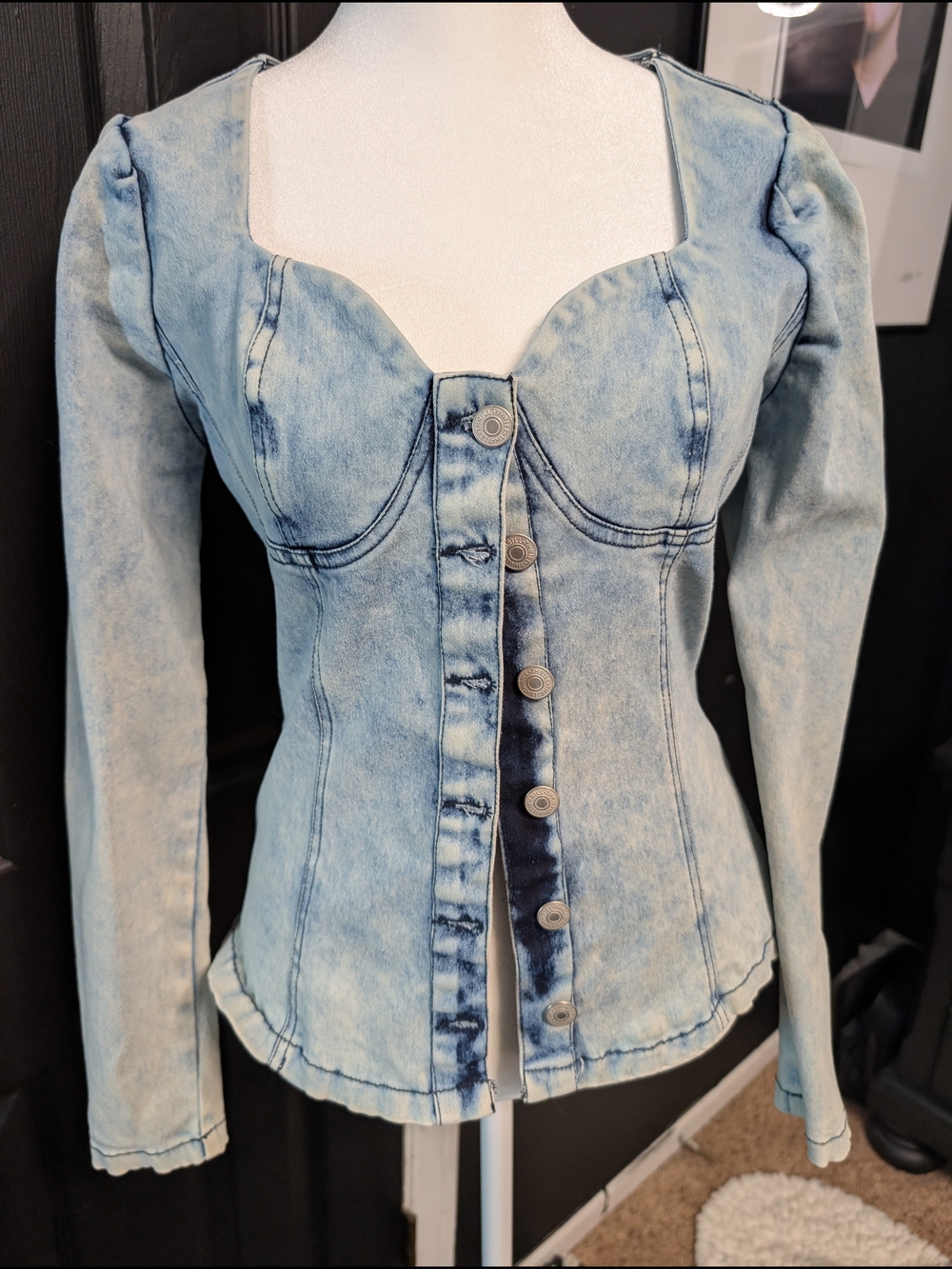 Light Blue Denim-Style Button Front Sweetheart Top